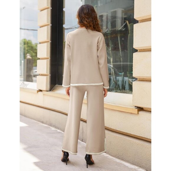 Women's Khaki Long Sleeve Knit Sweater Top & Wide Leg Pants Lounge Set - Picture 6 of 6